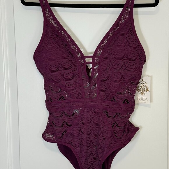 NWT BECCA Women's Color Play Crochet Plunge-Neck One-Piece Swimsuit L - Burgundy - Picture 5 of 6